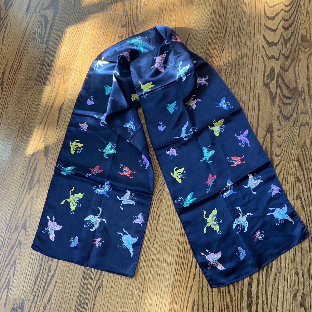Vintage Silk‎ Scarf Colorful Butterflies Navy Blue 62" Hand Rolled Art To Wear